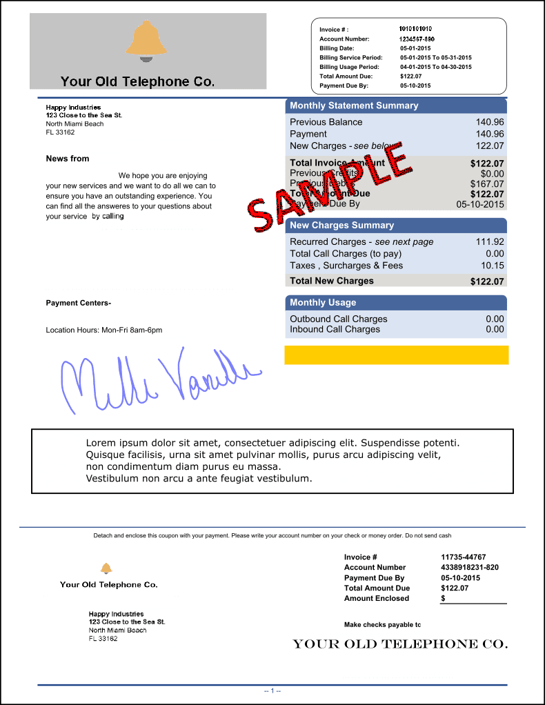 Sample of phone bill